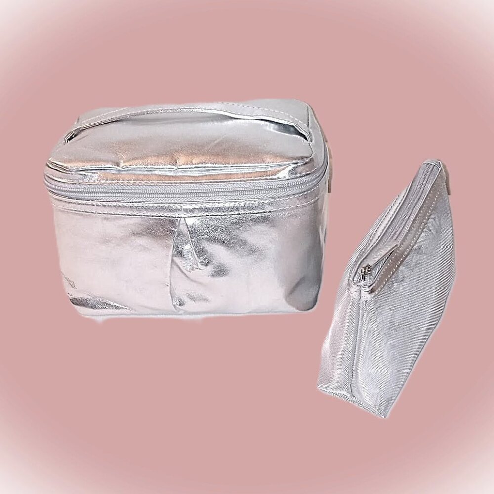 NWOT Clinique Silver Cosmetic Case & Pouch Set